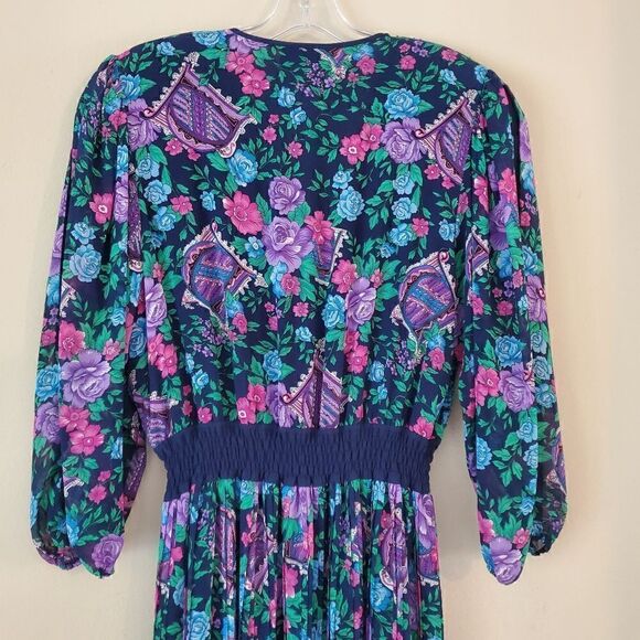 DIANE FREIS Vintage Midi Dress Blue Floral Print Beaded Size Medium Embellished - Picture 12 of 15